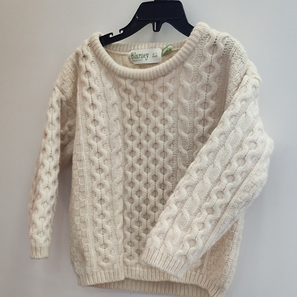 Blarney Kid's Cream Cable Knit Irish Sweater 100% Merino Wool Size 6/7